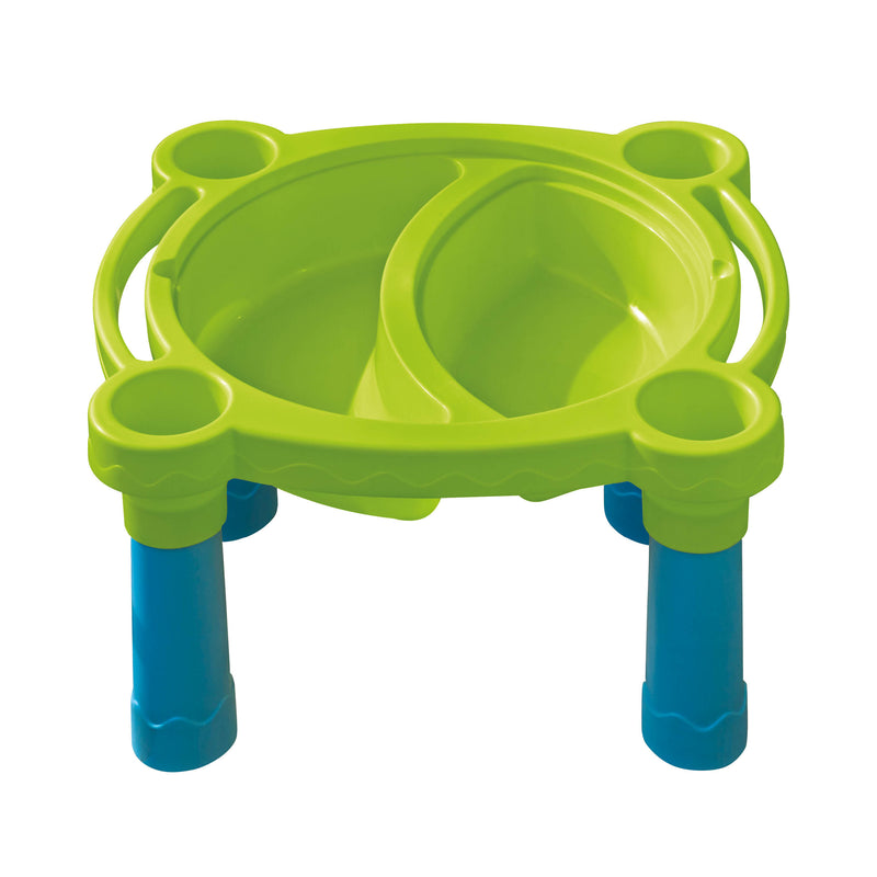 Table d’activités en plastique pour enfants, sans le couvercle, montrant les bacs pour le sable et l’eau.