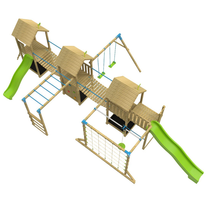 Grande aire de jeux en bois avec 3 tours, toboggans verts, balançoires, mur d’escalade, filet à grimper, pont de singe et pont suspendu vue du dessus.