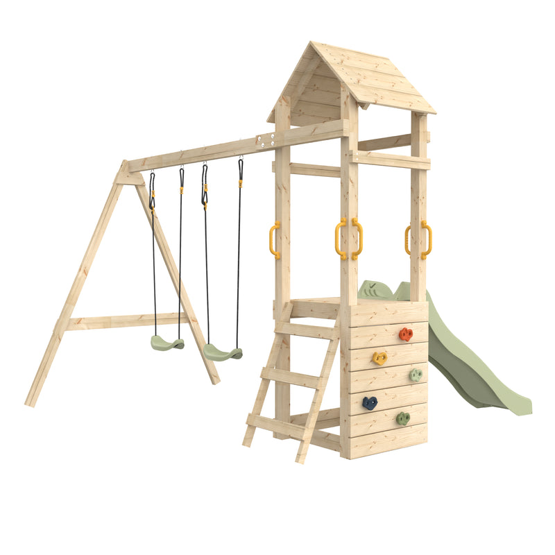 Aire de jeux en bois avec tour, mur d’escalade coloré, toboggan vert kaki et deux balançoires.