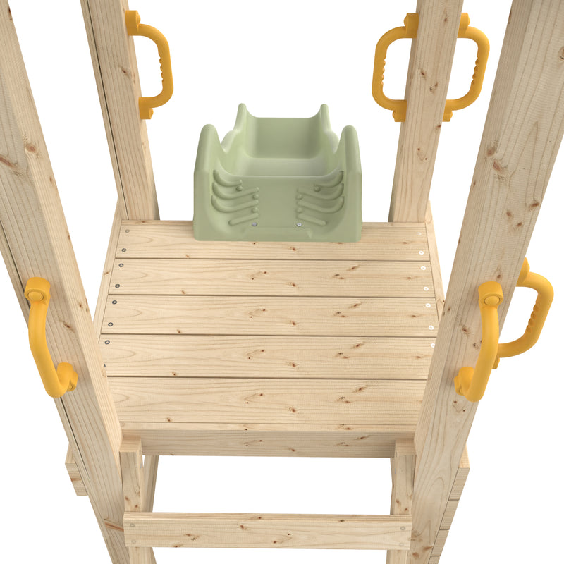Vue du dessus d’une plateforme en bois avec poignées jaunes et toboggan.