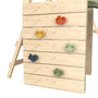Gros plan du mur d'escalade en bois avec prises colorées, intégré à une aire de jeux .