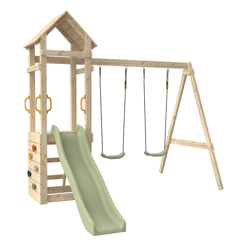 Aire de jeux en bois avec tour, toboggan, mur d’escalade coloré et deux balançoires.