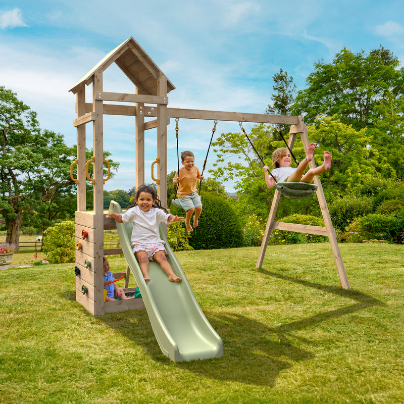 Aire de jeux PLAQUEMINIER avec toit - plateforme - échelle - mur d'escalade - 2 balançoires - toboggan h240 cm