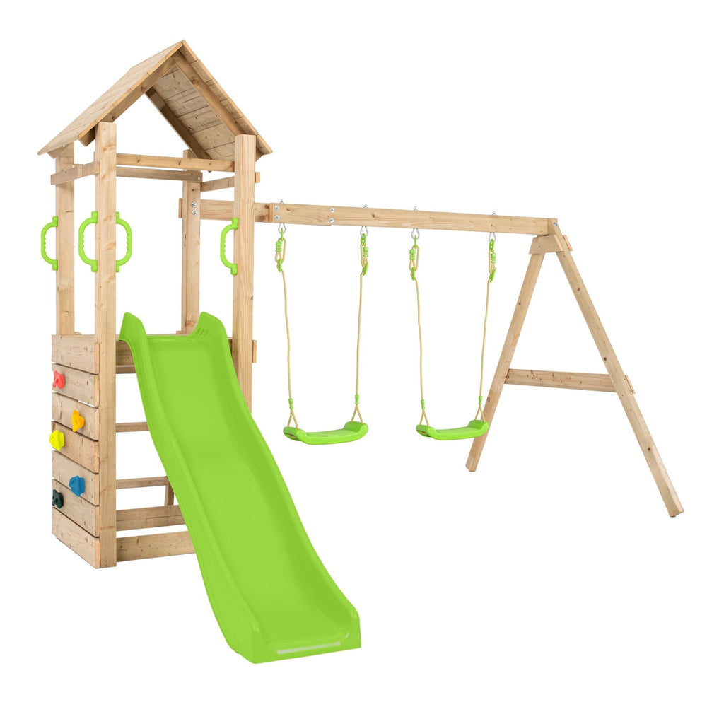 Aire de jeux GESSETTE avec toit - plateforme - échelle - mur d'escalade - 2 balançoires - toboggan h210 cm