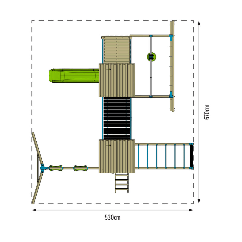 Schéma des mesures de l'aire de jeux vue du dessus.