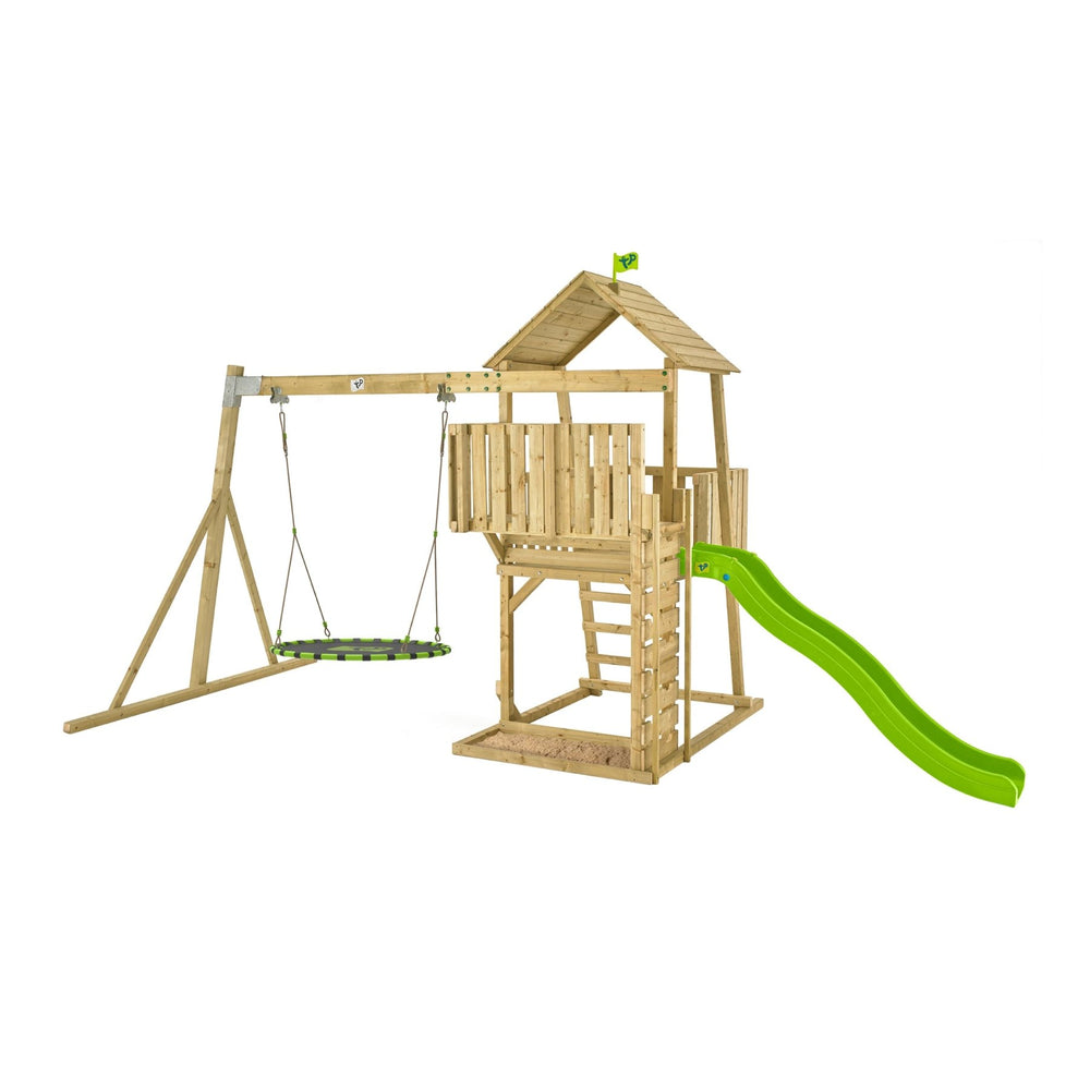 Aire de jeux KINGSWOOD tour - échelle - plateforme - bac à sable - toboggan - balançoire - fauteuil bébé - bois FSC® h306 cm