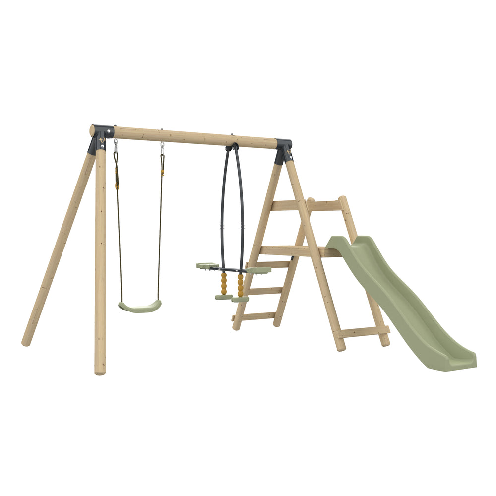 Portique de jeux en bois comprenant une balançoire simple, un vis-à-vis et une structure avec échelle et toboggan sur le côté droit.