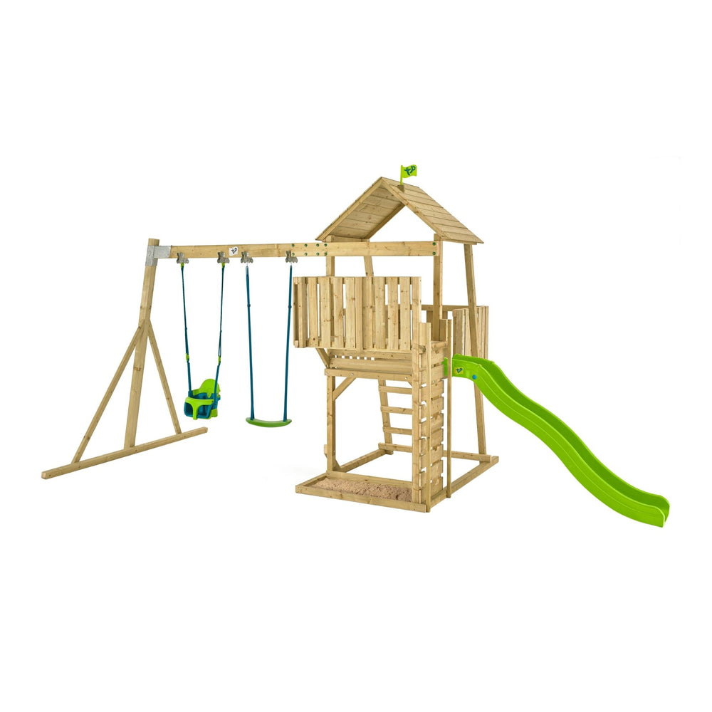 Aire de jeux KINGSWOOD balançoire - bras de portique - fauteuil bébé - kit d'ancrage - bac à sable - bois FSC® h306 cm