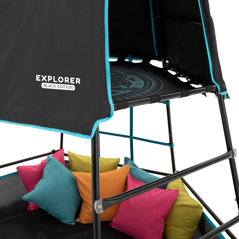 Aire de jeux métal  EXPLORER TOUR noir - tapis explorer - balançoire - basket - toboggan - piscine à balles h246 cm