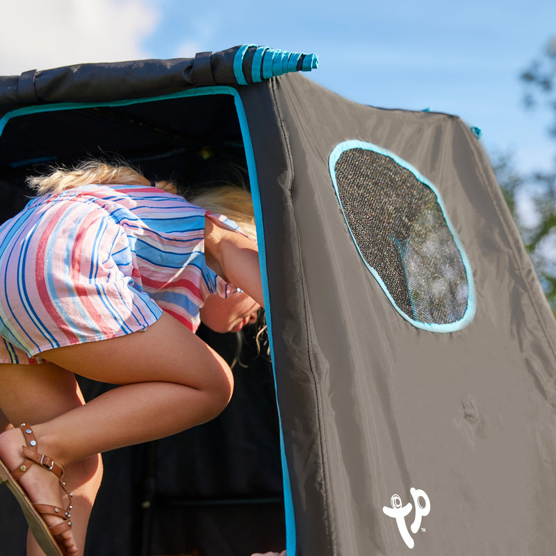 Aire de jeux métal  EXPLORER TOUR noir - tapis explorer - balançoire - basket - toboggan - piscine à balles h246 cm