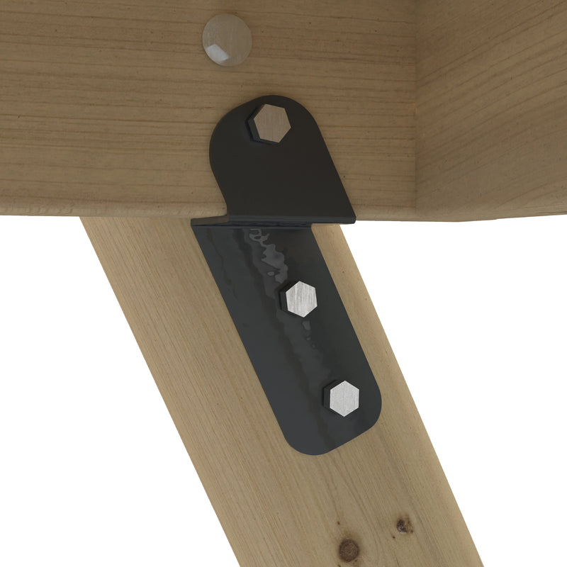 Détail d’une fixation métallique avec plusieurs boulons visibles assurant la solidité de la structure.