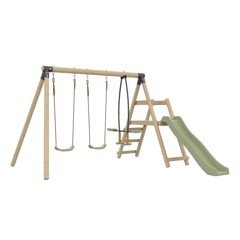 Portique de jeux en bois comprenant deux balançoires simples, un vis-à-vis et une structure avec échelle et toboggan sur le côté droit.