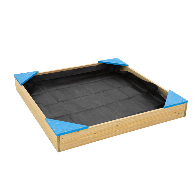 Bac à sable pour enfants avec bâche de protection, empêchant le sable de se disperser.