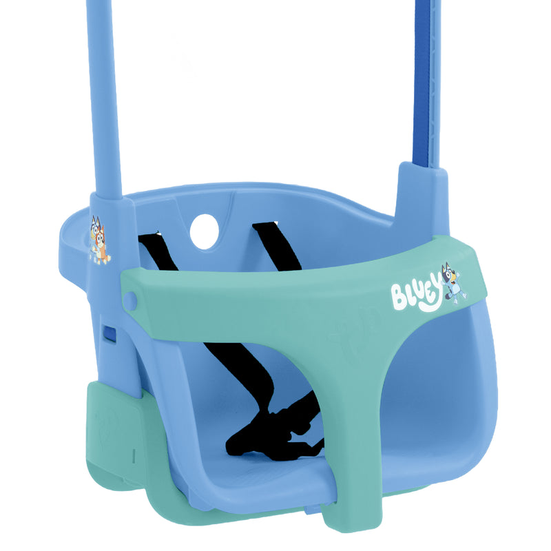 Quadpod Bluey balançoire 4-en-1 pour enfants, avec la barre en T montrant sa conception modulable.