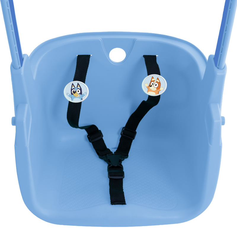 Siège du QUADPOD BLUEY, balançoire 4-en-1 pour enfants. sans la barre en T vu du dessus, montrant sa conception modulable.