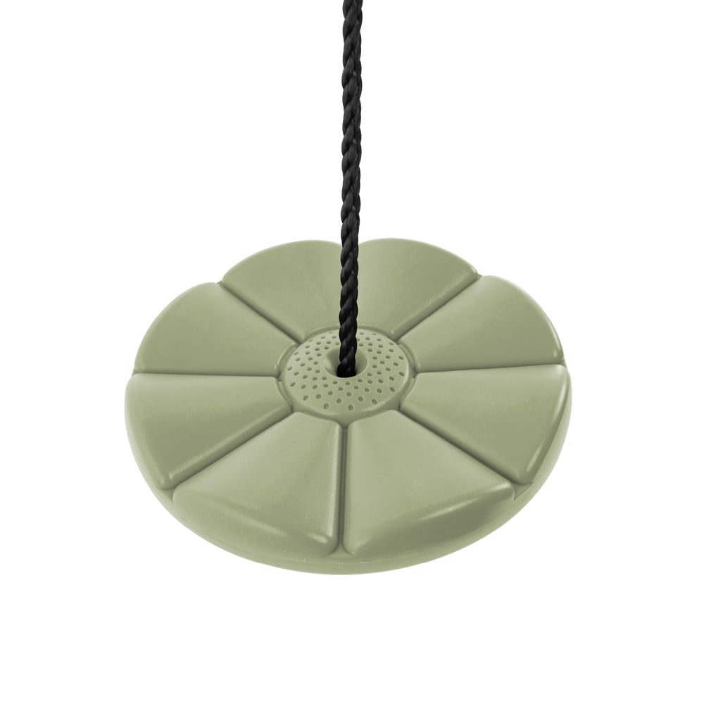 Balançoire ronde en plastique rotomoulé haute densité, avec surface antidérapante, permettant une rotation complète à 360°.