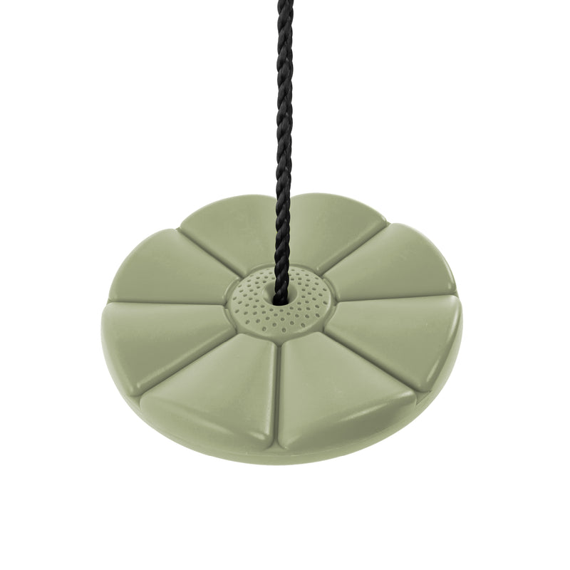 Balançoire ronde en plastique rotomoulé haute densité, avec surface antidérapante, permettant une rotation complète à 360°.