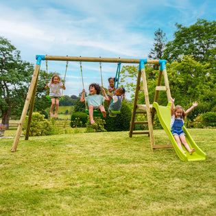 Station ARRUCAT 2 balançoires - vis-à-vis - toboggan - kit d'ancrage - bois FSC® h190 cm