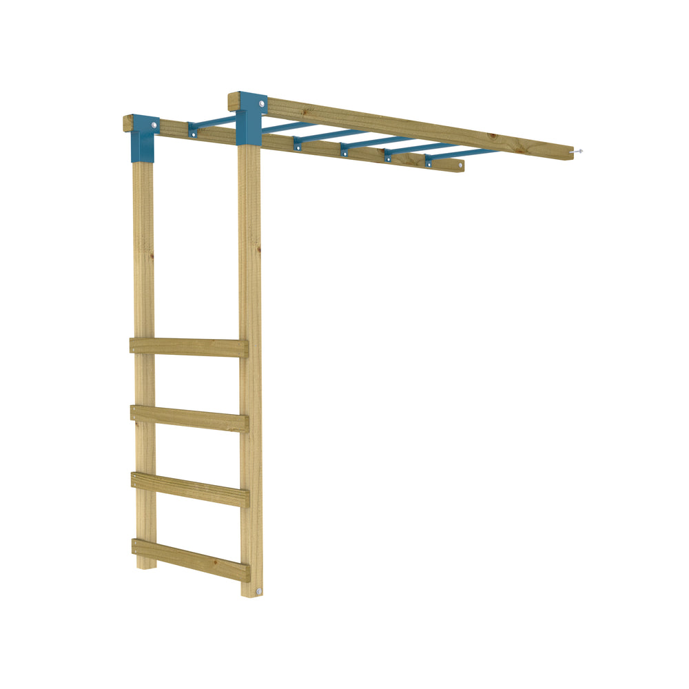 Pont de singe avec structure en bois et barres en métal pour enfants.