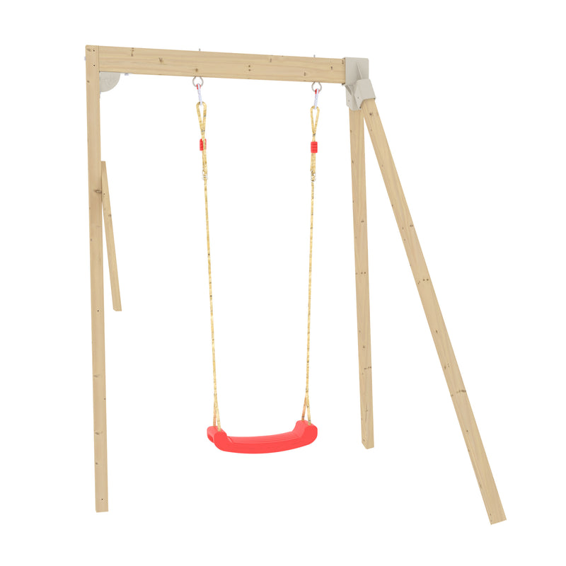 Portique une balançoire rouge pour maisonnette en bois.