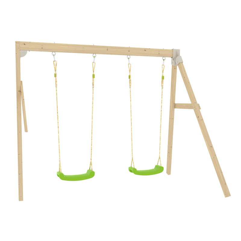 Portique deux balançoires vertes pour maisonnette en bois.