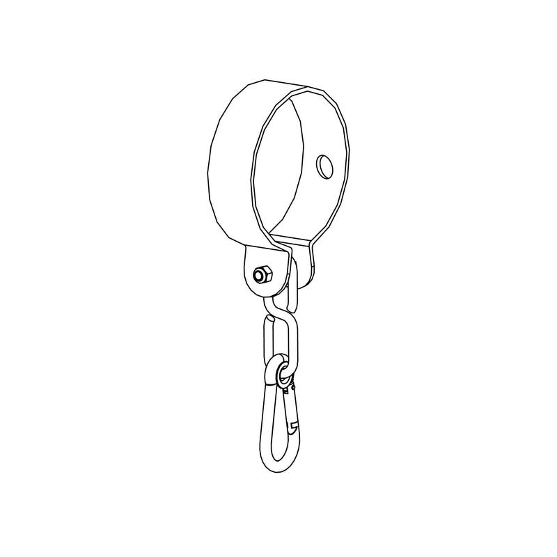 Gros plan sur le haut d’un portique équipé d’un collier en métal robuste, utilisé pour fixer solidement des agrès sur des bois ronds de 10 cm de diamètre.