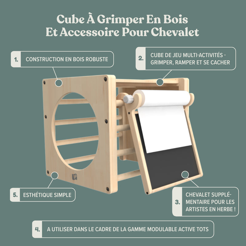 Fiche technique présentant les caractéristiques du cube d’escalade avec tableau créatif pour enfants.