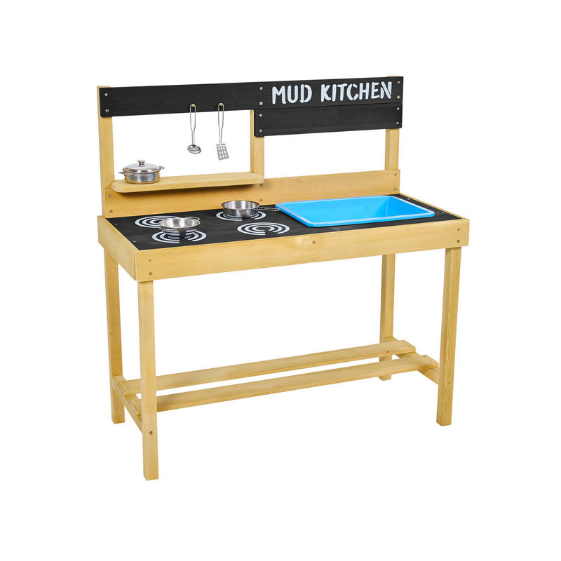 Cuisine en bois pour enfants avec plaque de cuisson peinte, évier amovible en plastique, supports de casserole, comptoir et étagère pour accessoires en acier inoxydable.