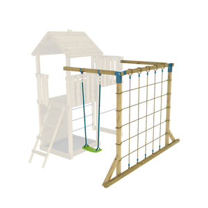 Filet d’escalade avec balançoire à attacher à la Tour Skywood, transformant la structure en terrain d’aventure.