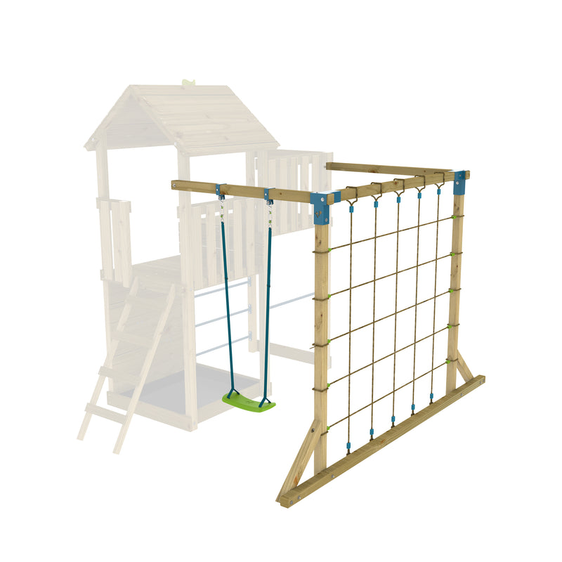 Filet d’escalade avec balançoire à attacher à la Tour Skywood, transformant la structure en terrain d’aventure.