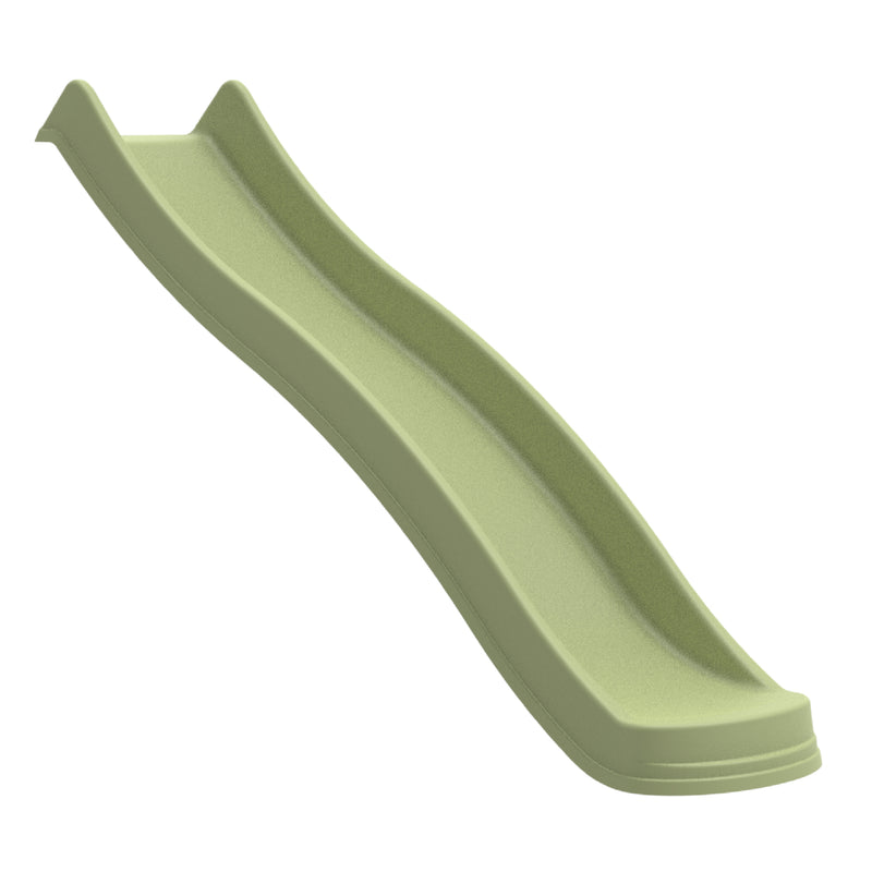 Glissière pour enfant en plastique vert  kaki vu de trois quarts.