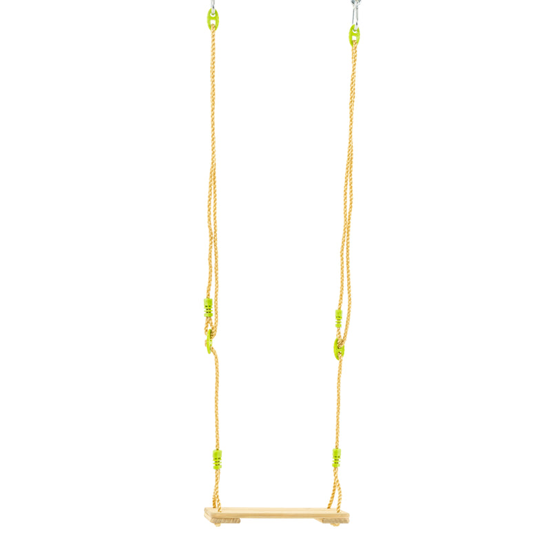 Balançoire en bois avec assise confortable et cordes robustes, compatible avec portiques de 190 à 250 cm.
