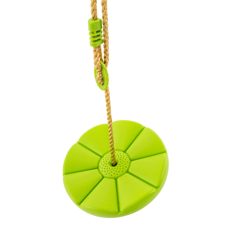 Balançoire ronde en plastique rotomoulé haute densité, avec surface antidérapante, permettant une rotation complète à 360°.