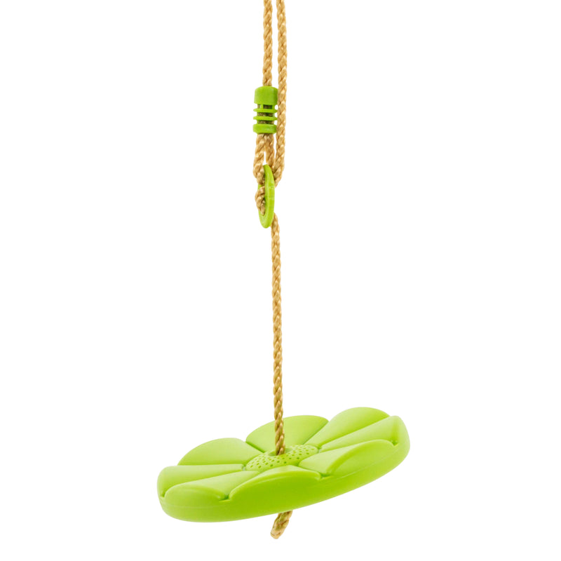 Balançoire ronde en plastique rotomoulé haute densité, avec surface antidérapante, permettant une rotation complète à 360°.