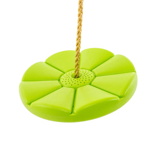 Balançoire ronde en plastique rotomoulé haute densité, avec surface antidérapante, permettant une rotation complète à 360°.