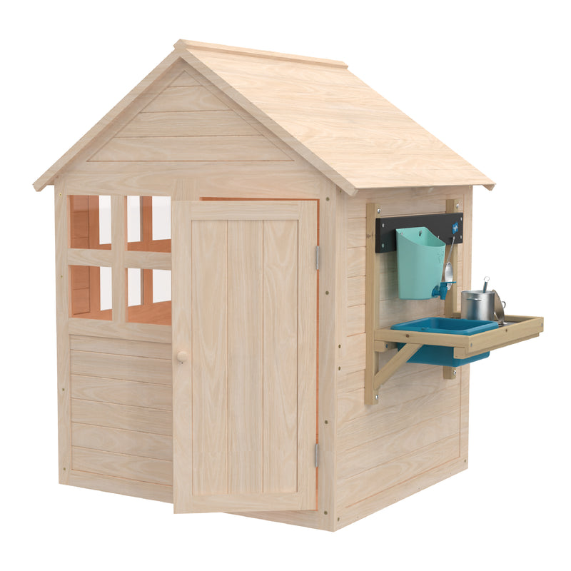 Maisonnette en bois avec plancher, véranda et cuisine intégrée, montrant que la cuisine, la porte et la fenêtre peuvent être instalées sur un autre côté de la maison.