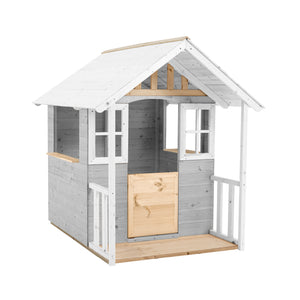 Maisonnette en bois FSC® grise, blanche et marron avec porte de style demi-étable et design ouvert