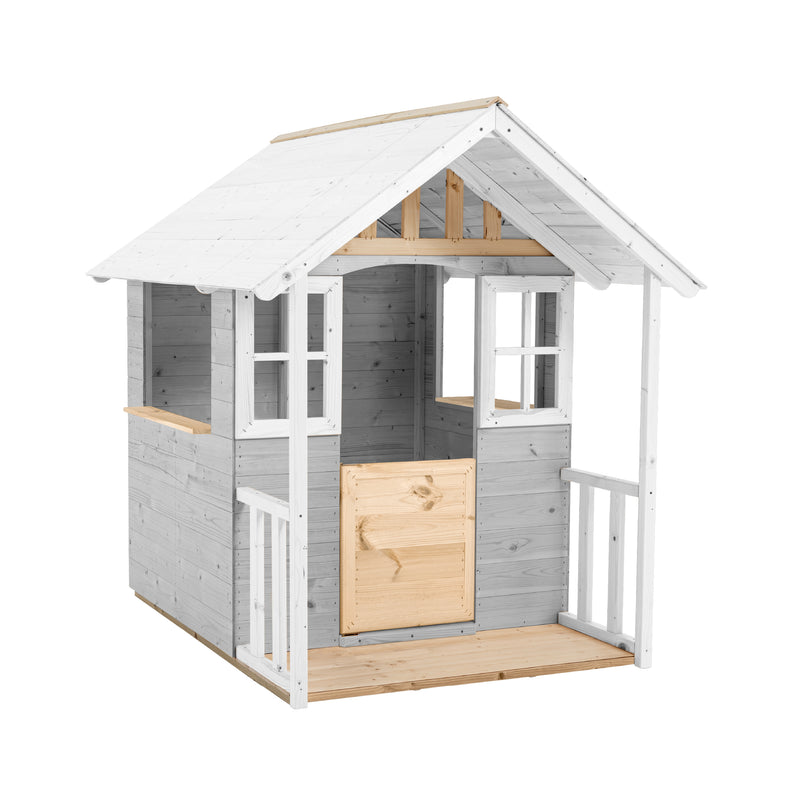 Maisonnette en bois FSC® grise, blanche et marron avec porte de style demi-étable et design ouvert