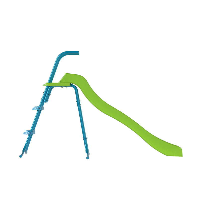 Vue d’un toboggan à vagues équipé de trois marches pour enfants.