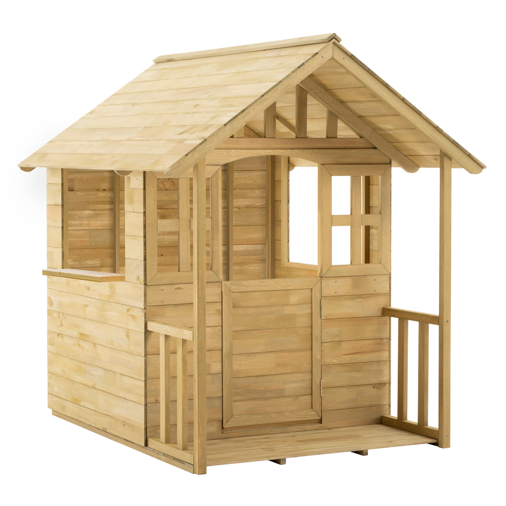 Maisonnette en bois pour enfants avec toit incliné, porte centrale, fenêtres ouvertes et terrasse.