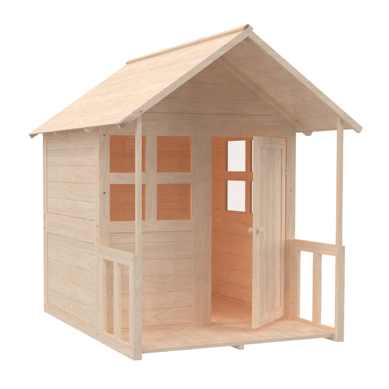 Maisonnette en bois avec plancher et véranda, montrant que la porte et les fenêtres peuvent être configurées différemment.