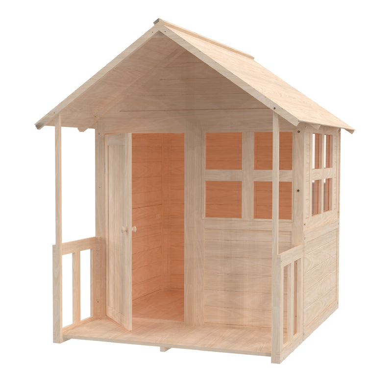 Maisonnette en bois avec plancher et véranda, montrant que la porte et les fenêtres peuvent être configurées différemment.