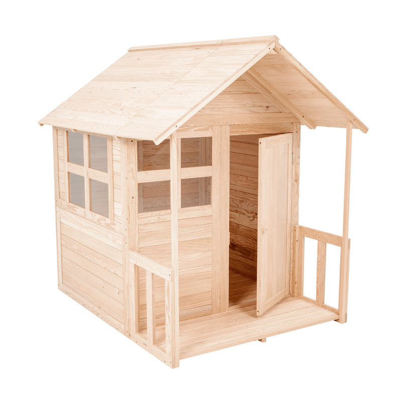 Maisonnette en bois avec plancher et véranda, montrant que la porte et les fenêtres peuvent être configurées différemment.