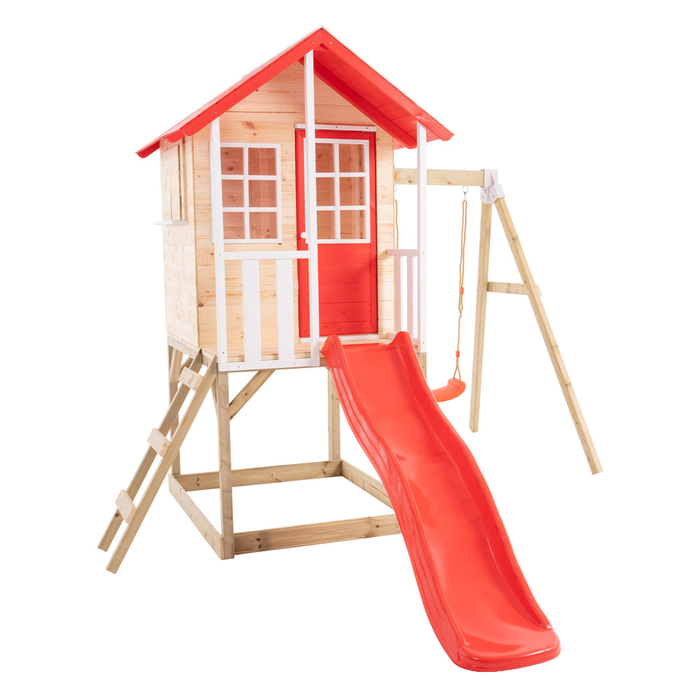 Maisonnette en bois sur pilotis équipée d’une échelle d’accès, d’un toboggan rouge et d'une balançoire.