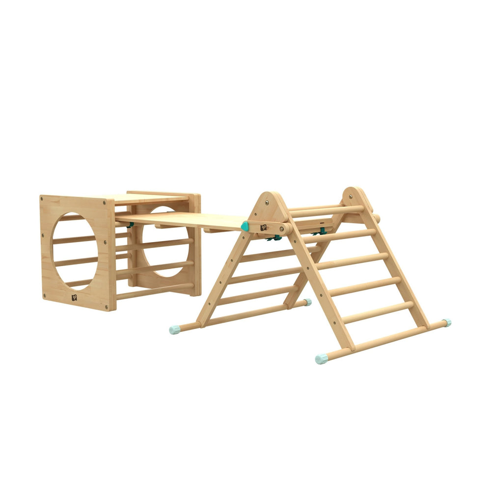Pack modulable en bois avec cube, triangle et toboggan pour le jeu et l’apprentissage des enfants.