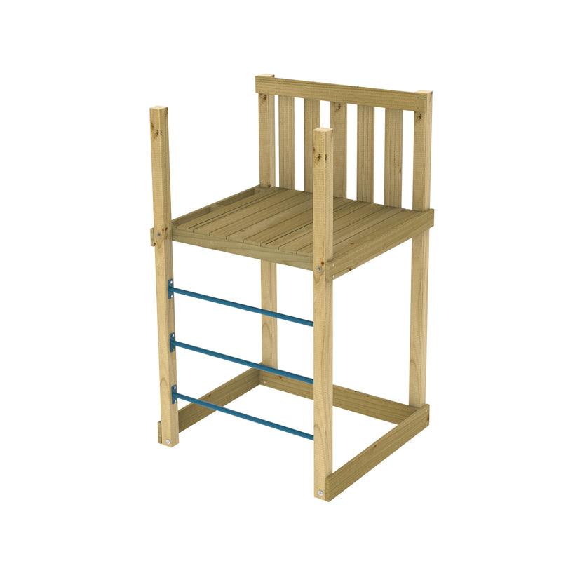 Plateforme en bois montée sur pilotis, avec échelle en métal.