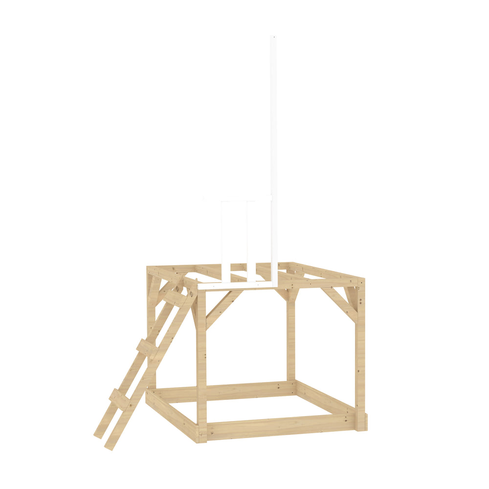 Plateforme en bois pour maisonnette modulable pour enfant, avec échelle d’accès et structure surélevée.