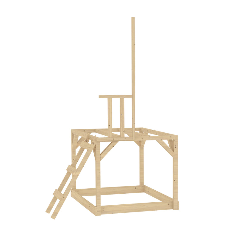 Plateforme en bois pour maisonnette modulable pour enfant, avec échelle d’accès et structure surélevée.