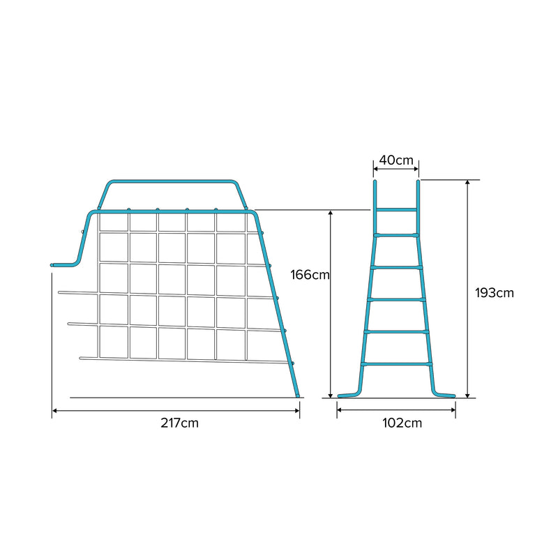 Schéma illustrant les mesures du pont de singe avec filet à grimper pour enfants.