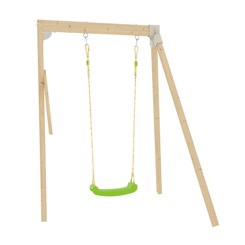 Portique une balançoire verte pour maisonnette en bois.